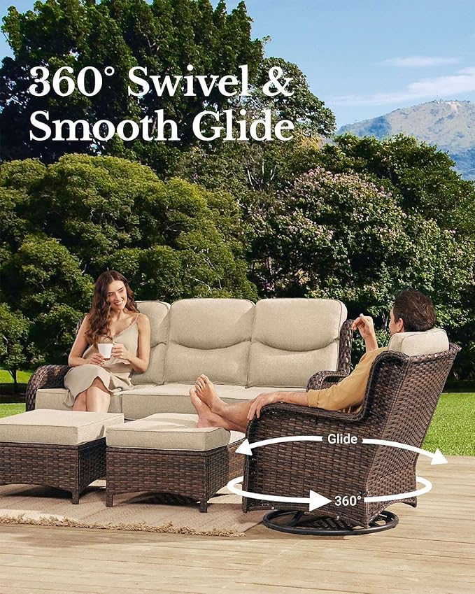 HILLGA Luxury Outdoor Patio Furniture Set with 6-Inch Thick Cushions, High Back Wicker Swivel Rocker Chairs, 11 Pcs All Weather Conversation Set for Large Deck, Yard and Poolside, Beige (V3)