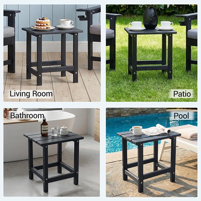 Outdoor Side Table Set of 3, HDPE Small Outdoor Table, Adirondack Side Table, Outside End Table for Patio, Porch, Deck, Pool, Indoor or Outside Use, Black