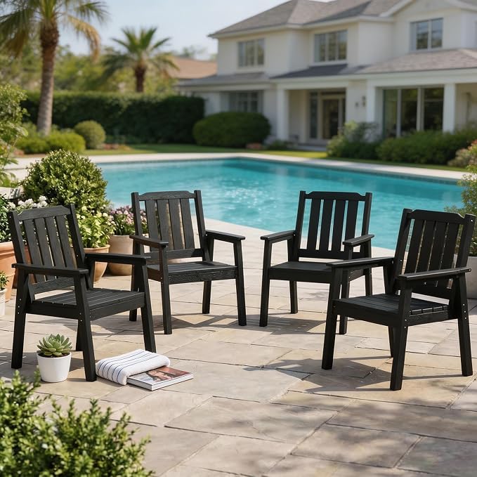 Takywep 23.9” Wide HDPE Patio Dining Chairs Set of 4, 650LBS Capacity All-Weather Yard Armchair with Slatted Seat, Heavy Duty Modern Backyard Furniture for Garden, Poolside, Deck, Black