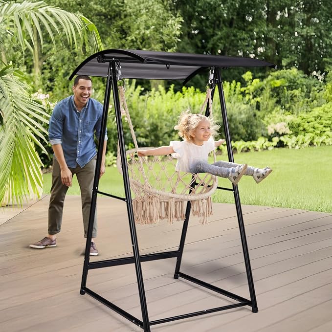 Hammock Stand with Canopy, Premium Outdoor Swing Frame for Hammocks and Hanging Chairs, 600 lb Capacity Steel Stand for Patio, Garden, Backyard