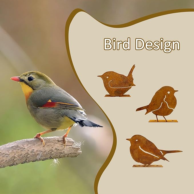 3PCS Rusty Birds Decor, Metal Birds Yard Decor,Rusty Garden Decor | Cute Metal Birds Garden Ornaments Silhouette- Garden Sculptures and Yard Art, Rustic Birds Decoration Outdoor Patio Yard