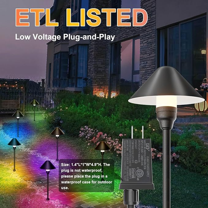 6 Pack Low Voltage Pathway Lights with Remote Timer, Low Voltage Landscape Lighting Warm White + RGB Modes, Outdoor LED Landscape Path Lights for Yard Lawn Backyard Walkway ETL Listed Transformer