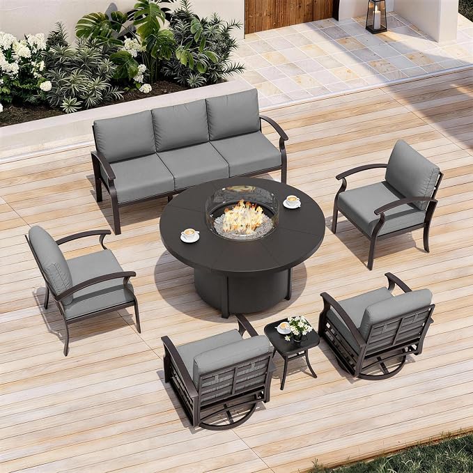 ALAULM Aluminum Patio Furniture Set with Coffee Table Rectangular, 5-seat Outdoor Sectional Furniture w/2 Swivel Chairs, Patio Conversation Set for Porch, Backyard, Poolside-Grey