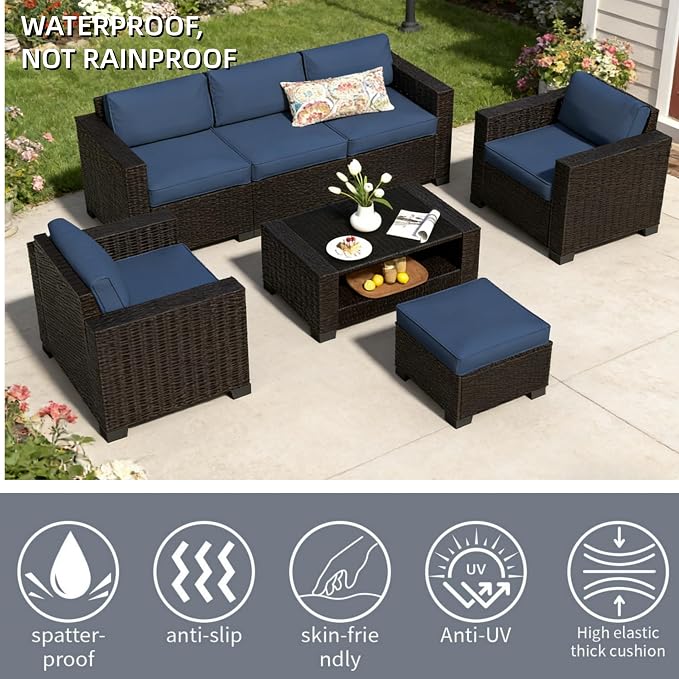 SHGJ&SOFT 7 Piece Outdoor Patio Furniture Set, Wicker Outdoor Sectional Sofa with Washable Cushion Covers and Tempered Glass Table, Rattan Conversation Set for Poolside,Balcony, Porch, Garden