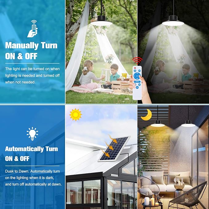 NIORSUN Solar Indoor Lights Outdoor, LED Solar Pendant Lights 3 Color Dimmable Lighting with Remote Control, Gazebo Lights,2x16.4ft Cable IP65 Waterproof for Garden, Patio, Garage, Camp(2 Pack)