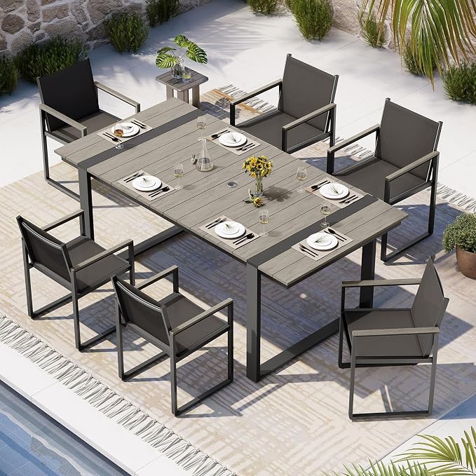 Outdoor Dining Set, Patio Table and Chairs Set, 7 Piece HDPS + Aluminum Patio Furniture Set with Umbrella Hole, Patio Dining Table Set (Gray)