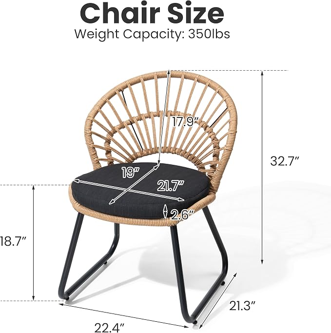 Rattan Patio Dining Chairs Set of 2, Hand-Woven Wicker Outdoor Chair | Shell Shaped Back with 2.6” Black Cushion, Sled Metal Frame Patio Side Chairs for Garden Backyard Porch