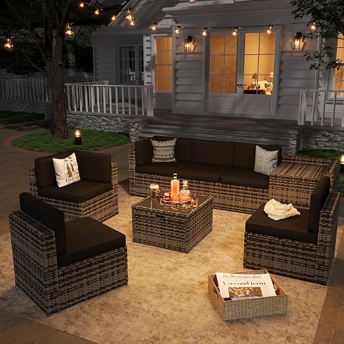 Aoxun 8-Piece Patio Furniture Set, Wicker Outdoor Sectional Sofa with Large Storage Table & Waterproof Cover, Patio Conversation Set for Backyard and Garden (Grey/Black)