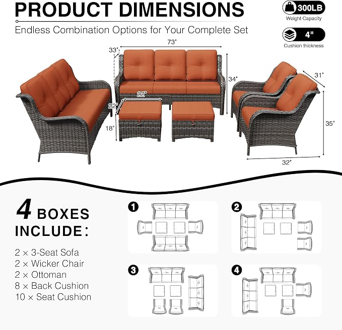 Joyside 6 Piece Wicker Patio Furniture Set, Rattan Patio Chairs with High Back, Deep Seating, Wide Armrest, Thickened Cushions, Outdoor Furniture for Deck, Porch Use
