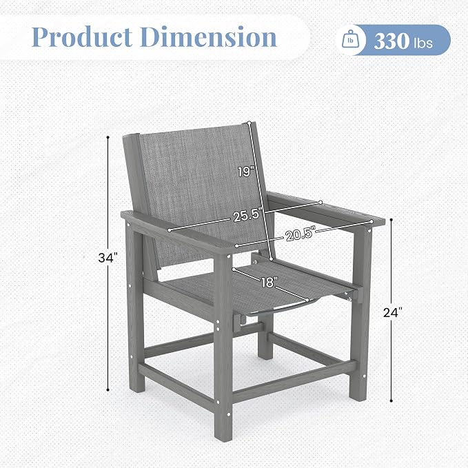 Amopatio HDPE Patio Dining Chair Set of 2 with Armrests - Textilene Outdoor Chair with Wide Seat for Poolside, All Weather UV Resistant Heavy Duty Patio Chair for Backyard Balcony & Deck(Gray)