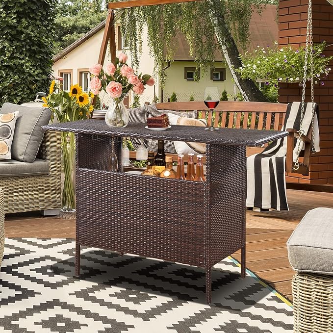 ReunionG Outdoor Wicker Bar Patio Rattan Counter Table with 2 Steel Shelves, 55.1" x 18.5" x 36.2"(L x W x H), Brown