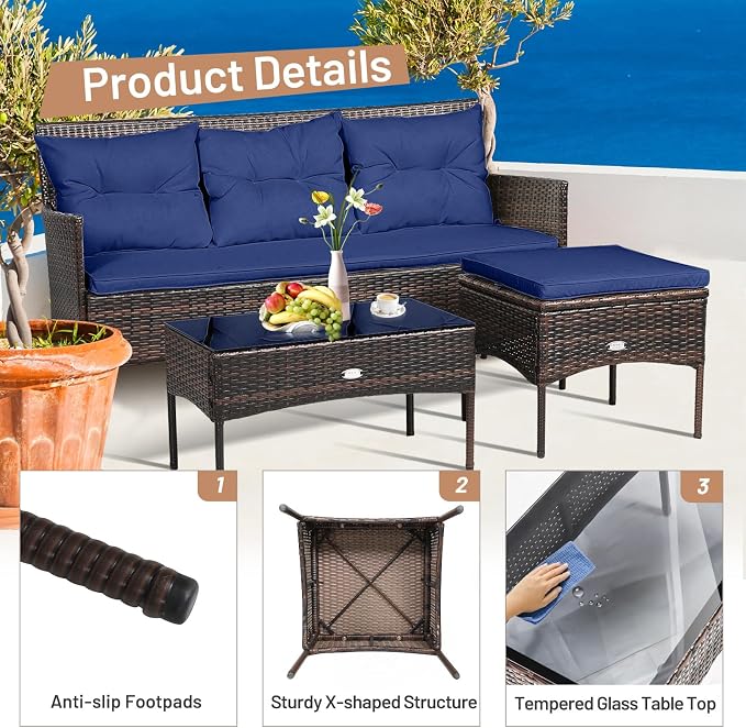 RELAX4LIFE 3 Pieces Patio Furniture Sectional Set, Rattan Wicker Conversation Set W/ 5 Cozy Seat & Back Cushions, Tempered Glass Coffee Table for Poolside, Balcony, Backyard Outdoor Furniture (Navy)