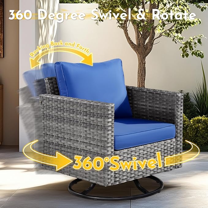 Weaxty 11 Piece Patio Furniture Set with Fire Pit Table, Outdoor Sectional Couch Swivel Rocker Patio Chairs with Coffee Table Wicker Conversation Sets for Balcony Backyard, Navy Blue
