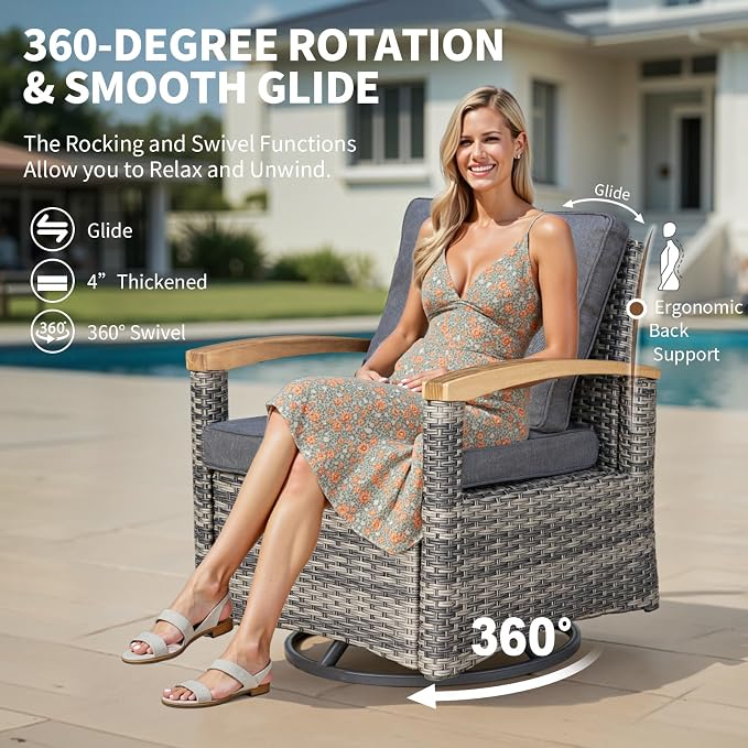 MEISSALIVVE 9-Piece Half-Moon Curved Outdoor Patio Furniture Set, Sectional Conversation Sofa with 2 Swivel Glider Chairs, Round Coffee Table for Backyard Deck Garden, Grey