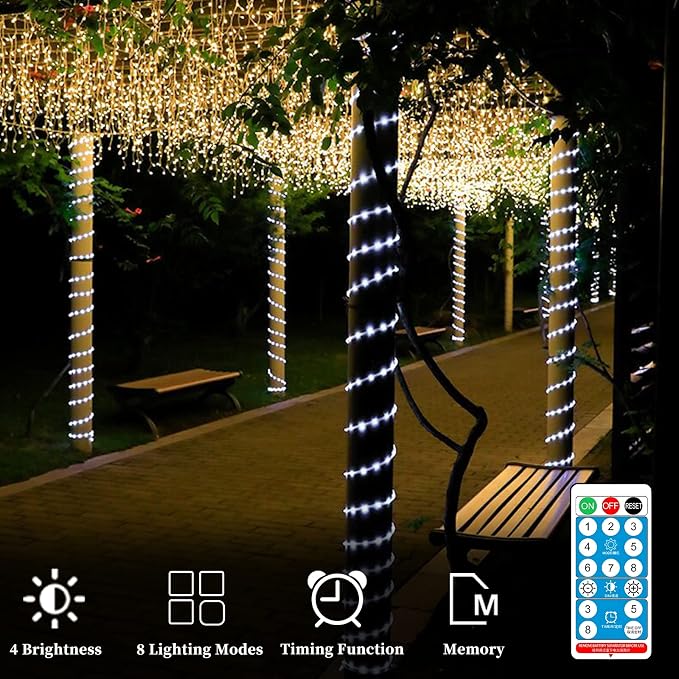 ANJAYLIA 66FT 200 LED Waterproof Outdoor Solar Rope Lights, Cold White | Solar Powered Rope Lights With 8 Modes, Remote, Timer, Dimming, Auto On/Off For Garden, Deck, Patio, and Holiday Decor