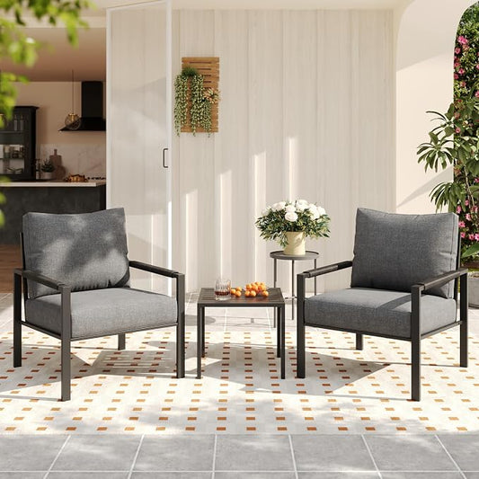 3 Pieces Rattan Outdoor Furniture Set, All-Weather Patio Conversation Set with Dark Grey Cushions and Coffee Table for Garden, Backyard, Balcony, Poolside