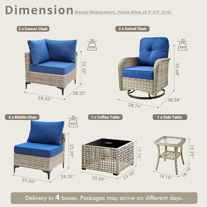 10 Pieces Patio Sectional Furniture Set, Outdoor Wicker Sectional Couch with High Back Swivel Rocker Chairs Solar Lights Table, Modern Conversation Set for Porch Balcony Backyard, Navy Blue
