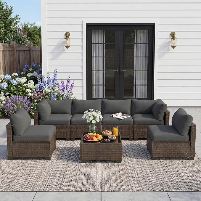 Patio Furniture Set, 7-Piece Outdoor Sectional Couch with Coffee Table & Thick Cushions, Outdoor Wicker Conversation Set for Backyard, Poolside, Garden (Brown-Grey, 7 Piece-Single)