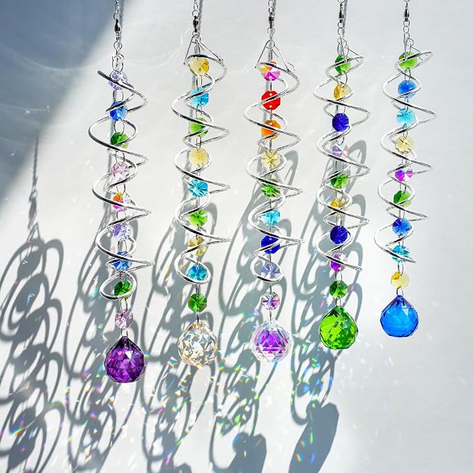 5 Pack Crystal Gazing Ball Spiral Wind Spinner Garden Decor | Crystal Suncatcher Wind Spinner with Spiral Tail Gazing Ball Hanging for Indoor Outdoor Garden Patio Yard Home Decor