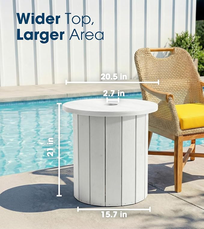 wikiwiki 2-in-1 70Lbs Patio Umbrella Base & Outdoor Side Table with Hole, HDPE Woodgrain Small Outdoor Table Fits 1.5-1.9in Pole for Patio, Deck, Poolside & Garden Use, White