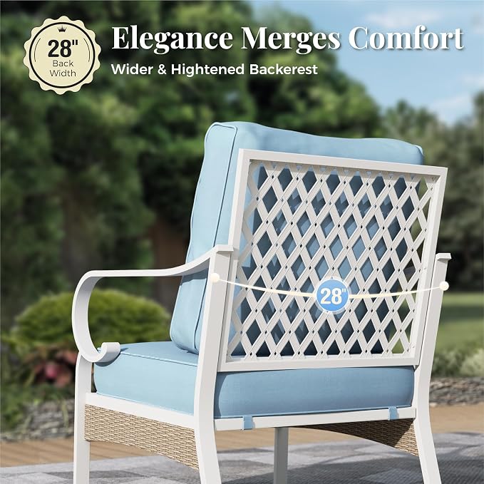 5 Piece Metal Patio Furniture Set, 7-Seat All Weather Outdoor Conversation Set with 3-Seat Sofa & 2 Swivel Chairs & Love Seat, Outdoor Sofa Set for Backyard, Deck, Garden, White/Blue
