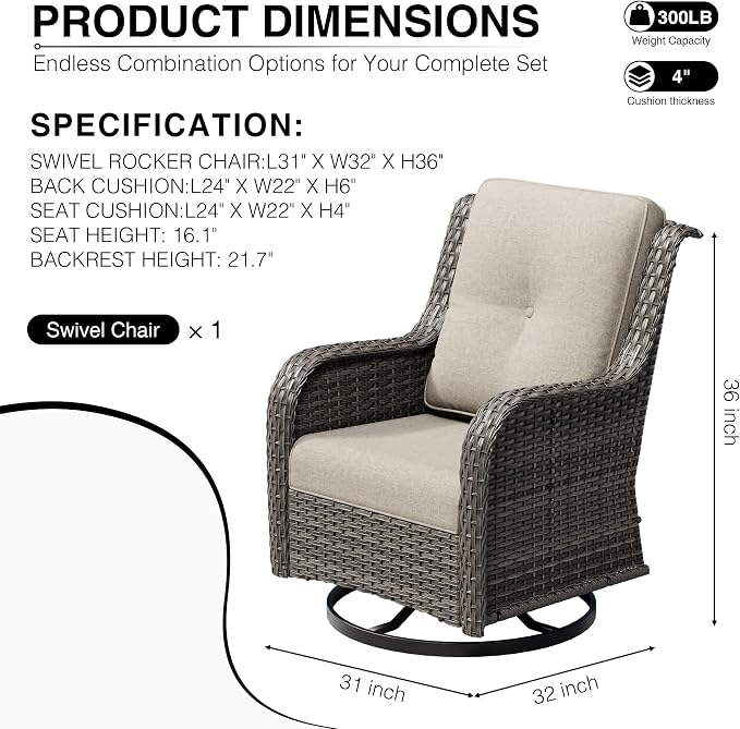 Joyside Outdoor Swivel Rocker Patio Chairs, Wicker Patio Furniture with High Back, Deep Seating, Wide Armrest, Thickened Cushions, Outdoor Rattan Furniture for Deck, Porch Use
