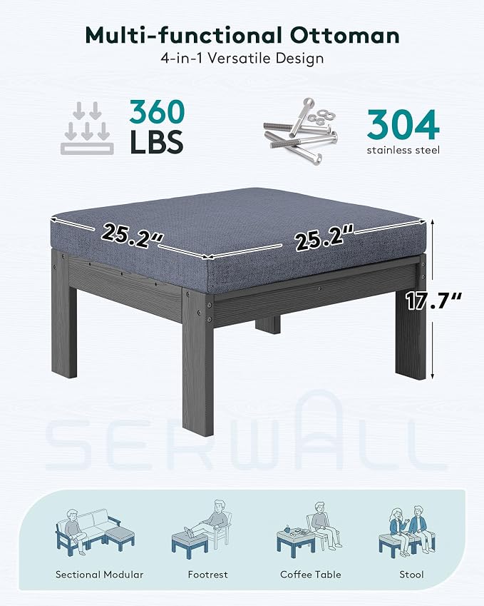 SERWALL HDPE Outdoor Ottoman with Cushions