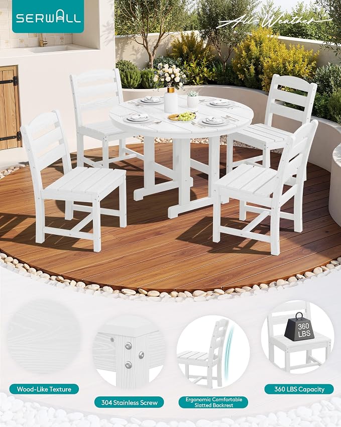 SERWALL 5-Piece Patio Dining Sets, HDPE Outdoor Table and Chairs Furniture Set, 45" Round Dining Table and 4 Armless Dining Chairs, White