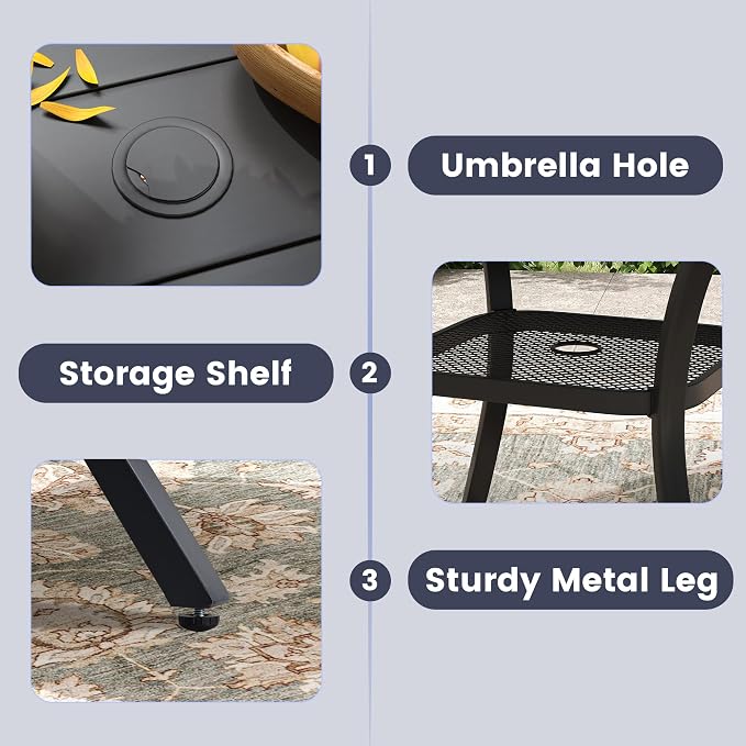 VICLLAX 40.6" Round Patio Table, Outdoor Dining Table for 4 with Umbrella Hole for Garden Lawn Deck Backyard, Black