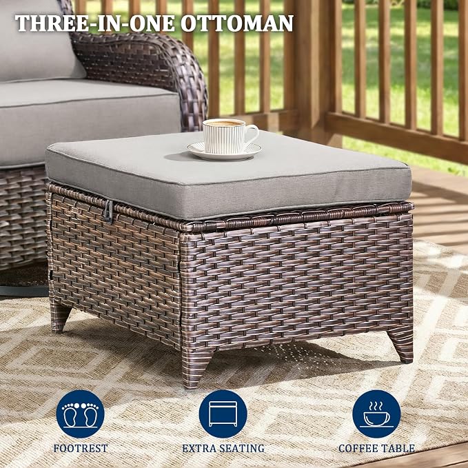Luxury Swivel Rocker Chairs Fire Pit Set with 6" Thick Cushion 10 piece Wicker Outdoor Patio Chair with Sofa and Ottoman,Comfortable High Back Outdoor Patio Furniture Set - Brown | Gery