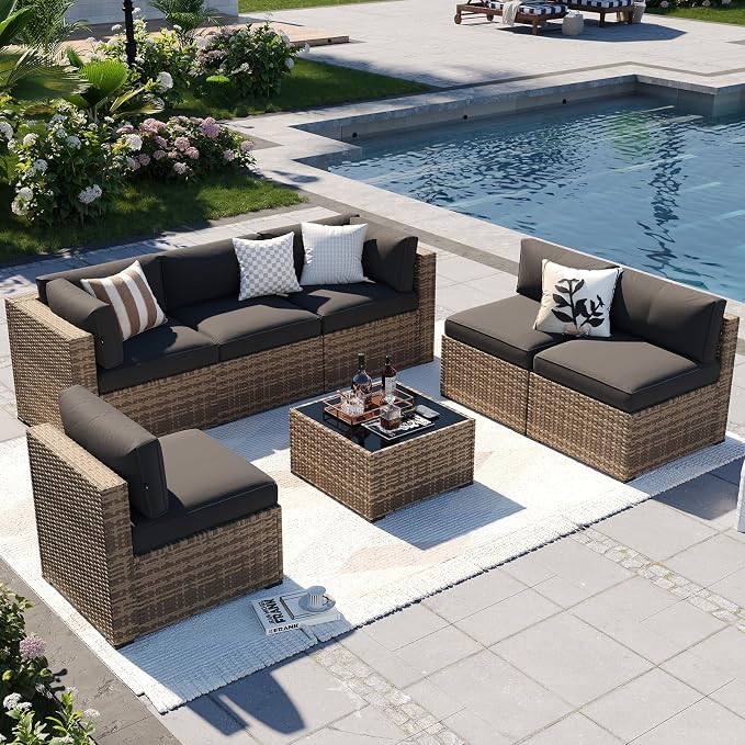 Aoxun 7 Piece Outdoor Patio Furniture Set with Coffee Table, Outdoor Patio Furniture Sets with Waterproof Cover and 4'' Cushion, Wicker Rattan Outdoor Conversation Set for Backyard, Peacock Blue