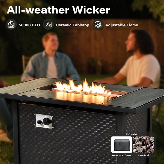 10 Pieces Outdoor Patio Sectional, Wicker Patio Furniture Set with 42 inch Fire Pit Table, All-Weather L Shaped Patio Conversation Set with Swivel Chairs, for Backyard Porch Yard,Orange