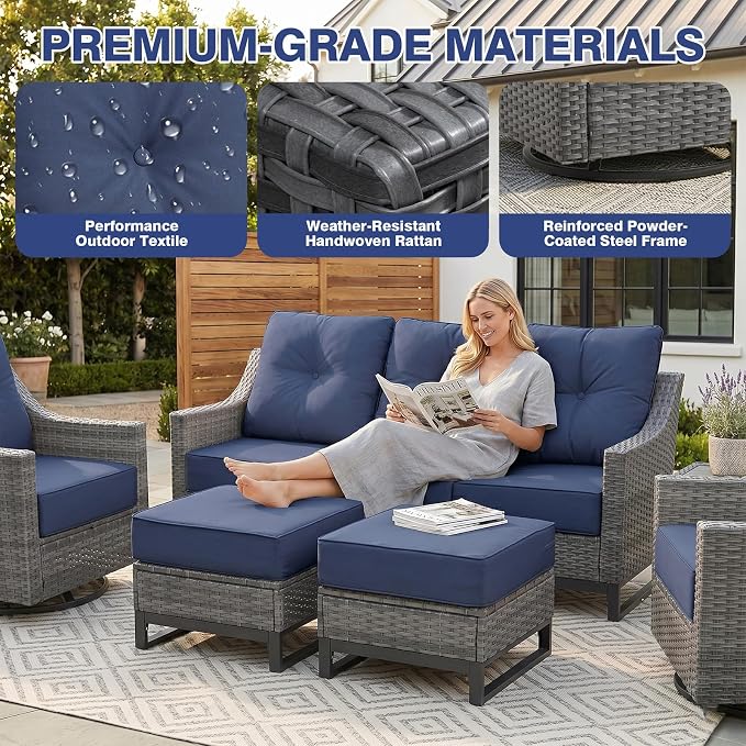 10 Piece Patio Furniture Set, 360°Swivel Glider Patio Chairs Set of 4, Outdoor 4 Ottomans and 2 Sofas, Comfortable Seating with 6 Inch Thick Cushions, All-Weather Wicker Outdoor Patio Set
