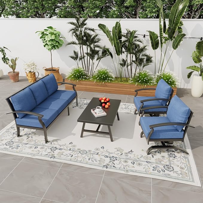Metal Patio Furniture Set,4 Pieces 5 Seats Patio Sectional Outdoor Furniture Set with Rectangular Coffee Table,Patio Conversation Sets with 5.1" Thickened Cushions,Navy BlueNavy Blue