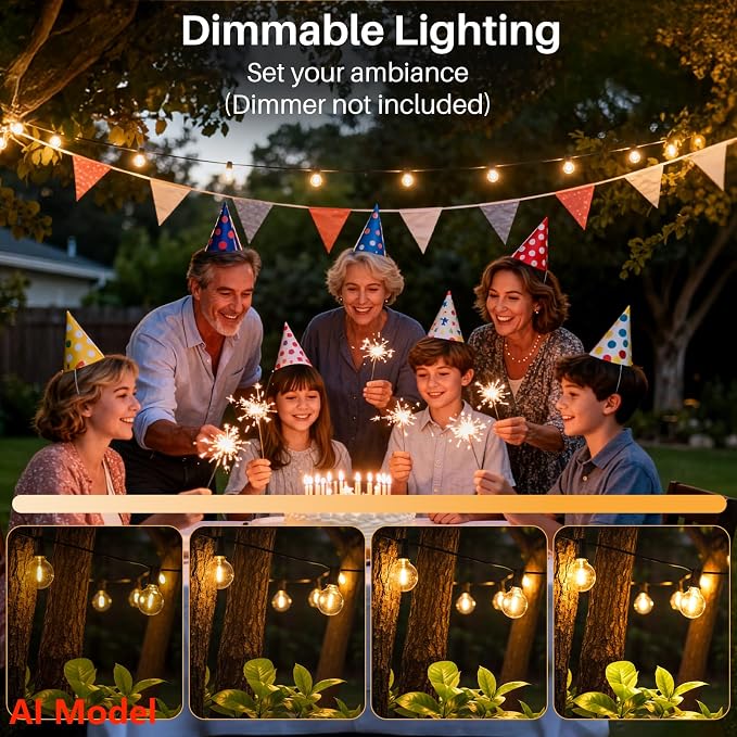 50 FT 2200K Outdoor String Lights,26 Plastic Edison Bulbs, E12 Base | G40 globe shatterproof bulbs, IP65 waterproof, dimmable LED, for backyard porch balcony party decor