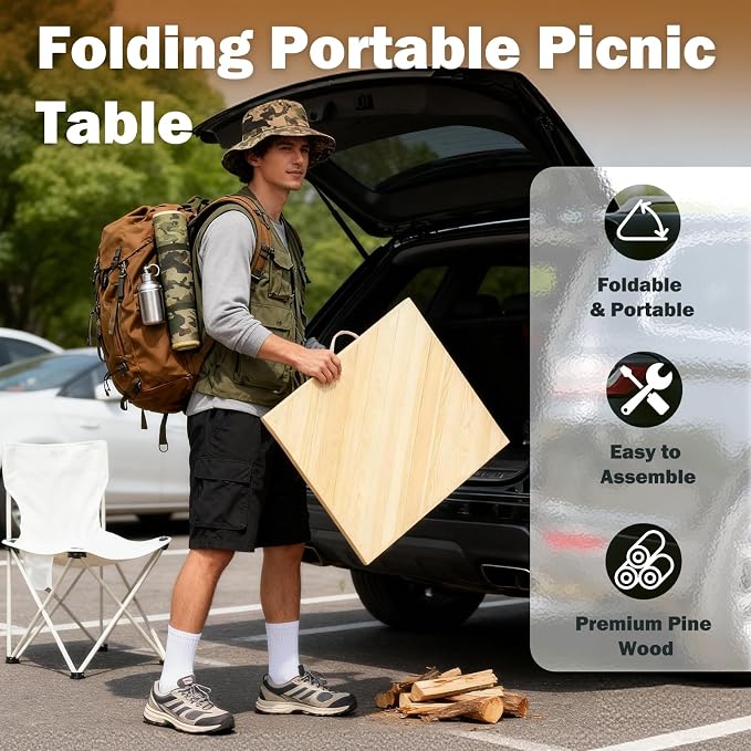 60x30in Boho Wooden Foldable Picnic Table, Portable Outdoor Low Table for Sitting On The Floor with Legs,for 6-8 People,Ideal for Camping, Garden,Party,Picnics & Parties,Logcolor (Log Color)