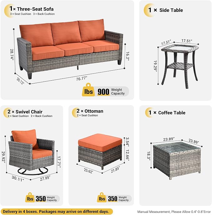 ovios 7 Pieces Patio Furniture Set, Outdoor Wicker Sofa with Rocking Swivel Chairs, Coffee Table, High Back Grey Rattan Conversation Set for Backyard Deck Porch, Orange Red