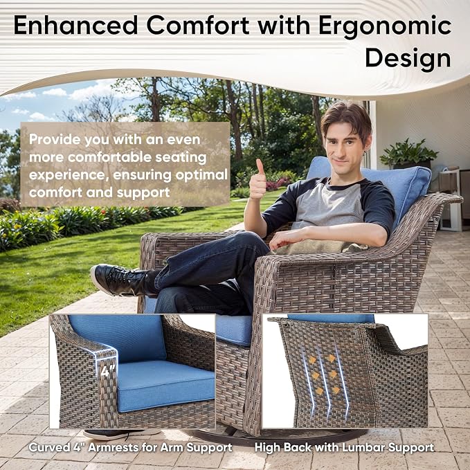 3-Piece Wicker Patio Furniture Set - All-Weather Wicker Swivel Patio Chairs with Side Table for Deck, Balcony, Poolside, Backyard - Brown/Blue