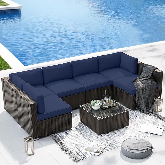 SOLAURA 7 Pieces Outdoor Patio Furniture Set, Black Brown Rattan Outdoor Patio Sectional Conversation Set, Modular Sofa Set with Coffee Table, Navy Blue