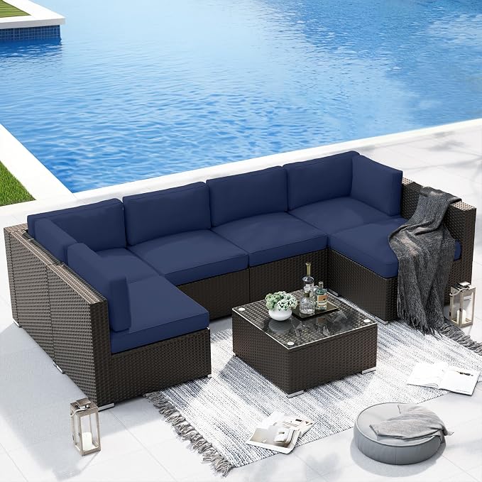 SUNCROWN 7-Piece Outdoor Patio Furniture Sofa Set All-Weather Wicker Sectional Conversation Set with Modern Glass Coffee Table and Cushions, Garden, Backyard, Deck,Dark Blue