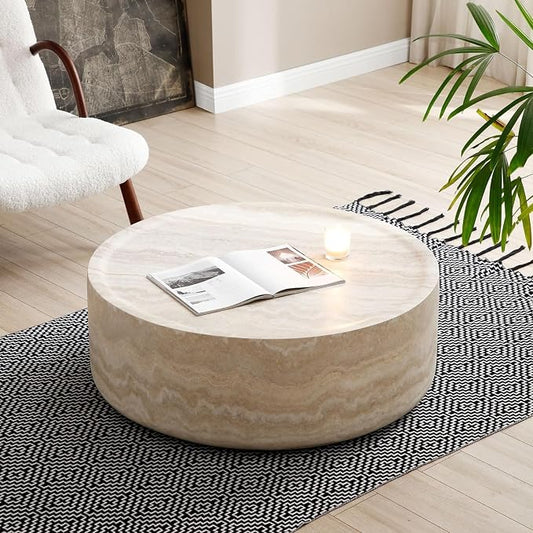 31.49'' Round Coffee Table for Living Room Drum Coffee Table Modern Faux Travertine Stone Coffee Table for Apartment, No Need Assembly (Fiberglass Marble Pattern)