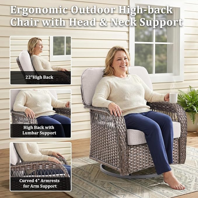 3 PCS Patio Swivel Rocking Chairs Set, Outdoor Wicker Furniture with 5-Inch Thick Olefin Cushions & Rattan Side Table, 360° Swivel Rocker Chairs for Garden, Porch, Backyard, Beige/Brown Wicker