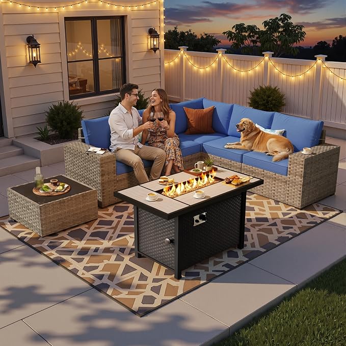 7-Piece Patio Furniture Set, Outdoor Wicker Rattan Patio Furniture Sectional Set with Coffee Table, All Weather Outdoor Fire Pit Conversation Set for Porch Backyard Balcony Garden, Navy Blue
