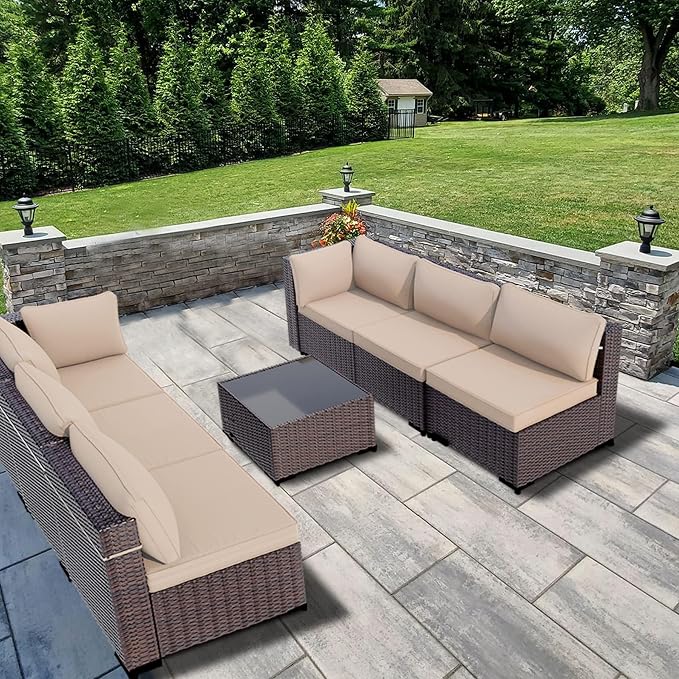 Outdoor Patio Furniture Set, 7 Pieces Outdoor Sectional Furniture Patio Sofa, All-Weather PE Rattan Patio Conversation Set with Tempered Glass Top Table & Cushions