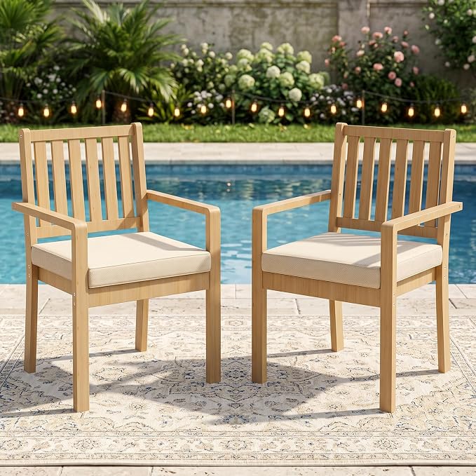 Wisteria Lane Acacia Patio Dining Chairs Set of 2, Outdoor Wood Chairs with Thick Cushions, Modern Patio Seating for Porch, Backyard, Garden, Indoor Use, Brown