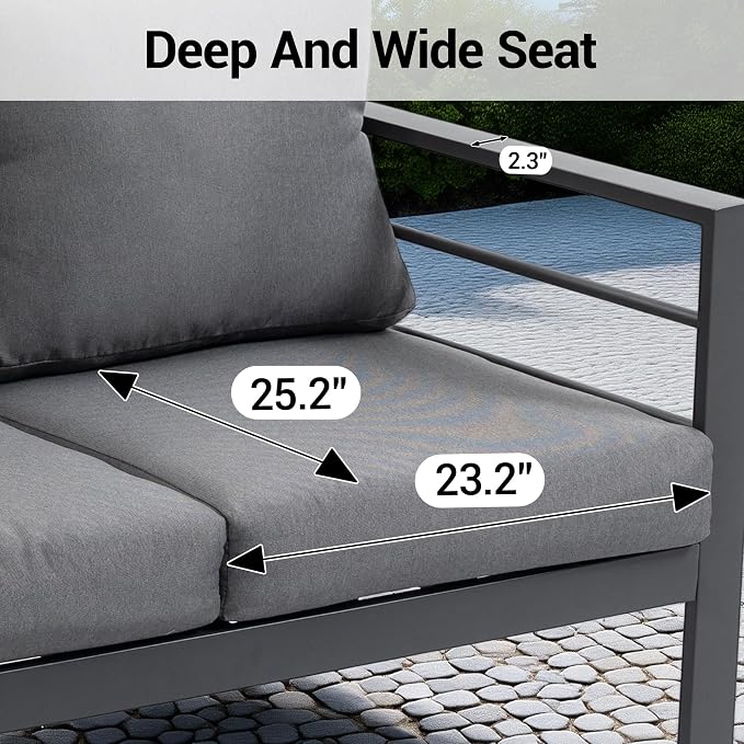 4-Piece All-Weather Metal Patio Furniture Set, Sectional Conversation Sofa w/Coffee Table, Heavy Duty Steel Frame & Washable Cushions for Backyard Garden (Grey, Furniture Set（Straight）)