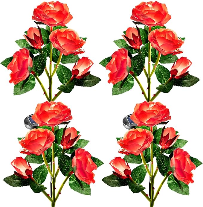 Anordsem Solar Garden Lights Outdoor: Waterproof Fabric Roses - Red LED Flower Decorations for Yard Patio Path Cemetery Grave - Birthday Gifts for Women Mom Wife - 4 Pack Red