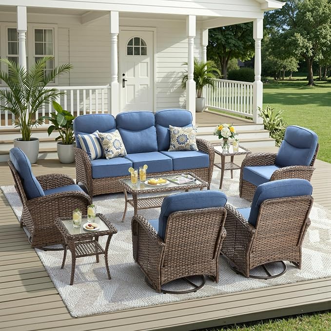 8 Pieces Luxury Outdoor Patio Furniture Set with 6-Inch Thick Cushions, Wicker Outdoor Furniture with High Back Swivel Patio Chairs Set of 4, Patio Conversation Set for Deck Garden Porch, Blue