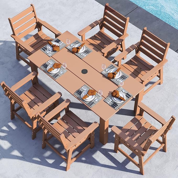 BRIOPAWS Outdoor-Dining-Set | 7 Piece | HDPE | 67" Patio Table and Chairs Sets for 6 | Patio Dinner Furniture | All Weather | Umbrella Hole | for Poolside Deck Backyard Outdoors | Teak