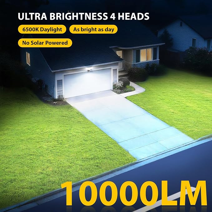 90W Motion Sensor Outdoor Lights, 10000LM LED Flood Light Outdoor with 4 Adjustable Heads, 6500K Daylight, Dusk to Dawn, IP65 Waterproof Security Light for Garage, Yard, Porch, Front Door